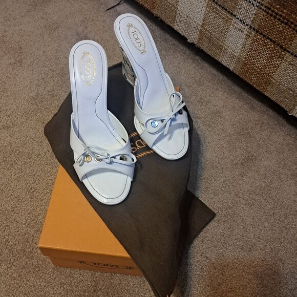 TOD'S High Heel Mules Wedge Sandals White Leather Size US 6.5 EUR Size 37 - Picture 1 of 7